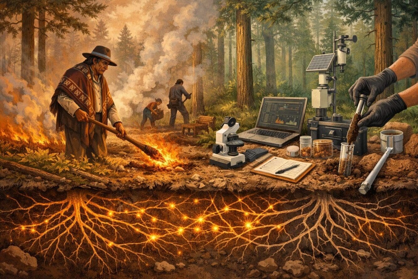 Landscape format (1536x1024) conceptual illustration showing the intersection of Indigenous ecological knowledge and Western forest science,