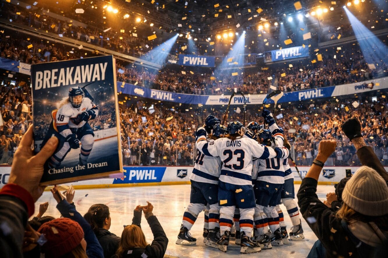 Detailed landscape format (1536x1024) image of a packed modern hockey arena with enthusiastic diverse fans cheering, PWHL banners and logos