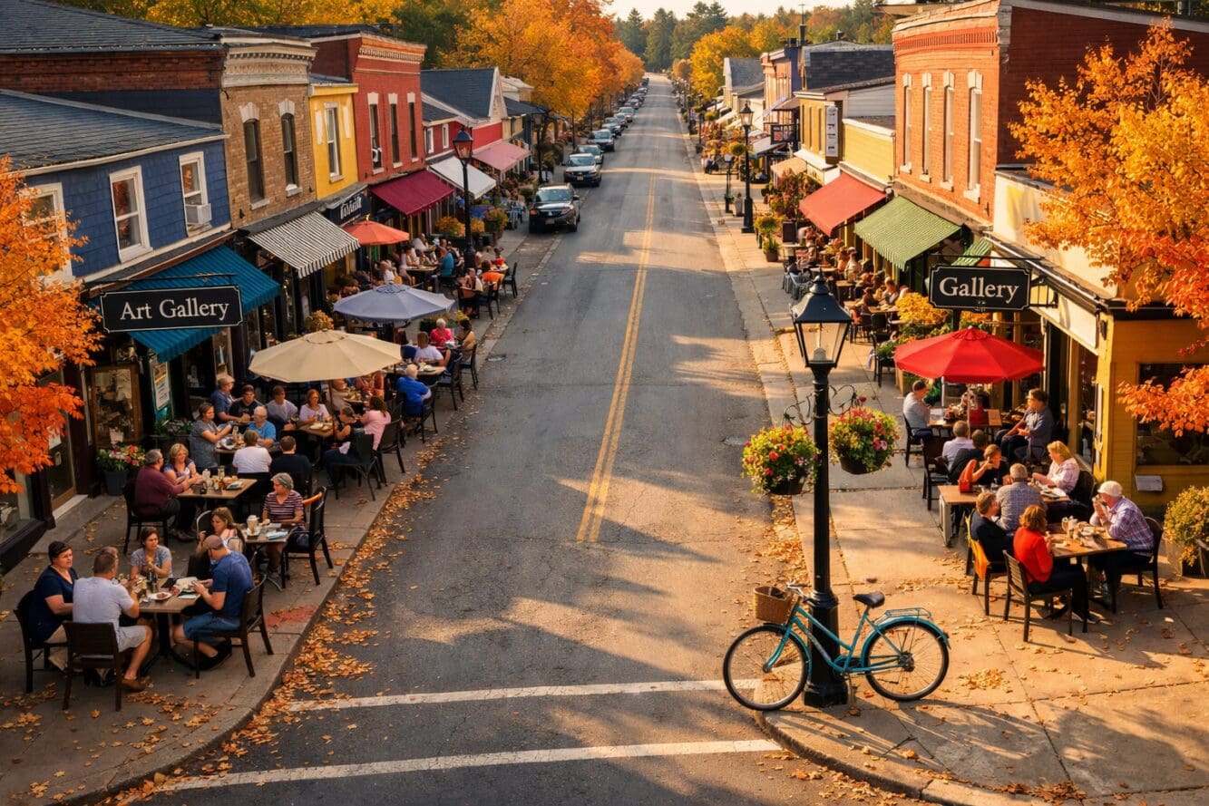 () overhead drone-style photograph of the charming main street of Wellington or Picton in Prince Edward County, showing