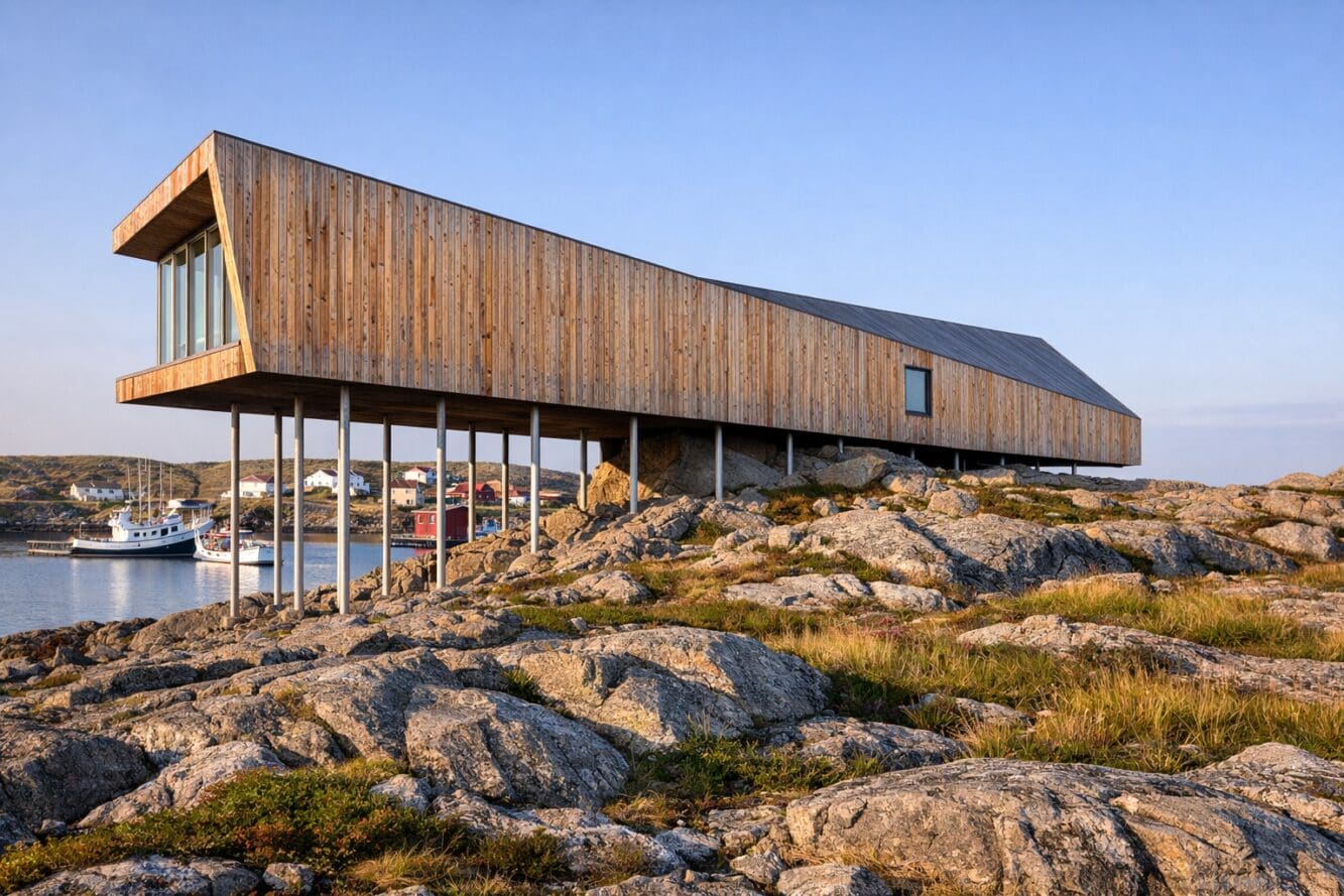 () editorial photograph showing the Long Studio on Fogo Island from a low angle, its angular modern timber structure