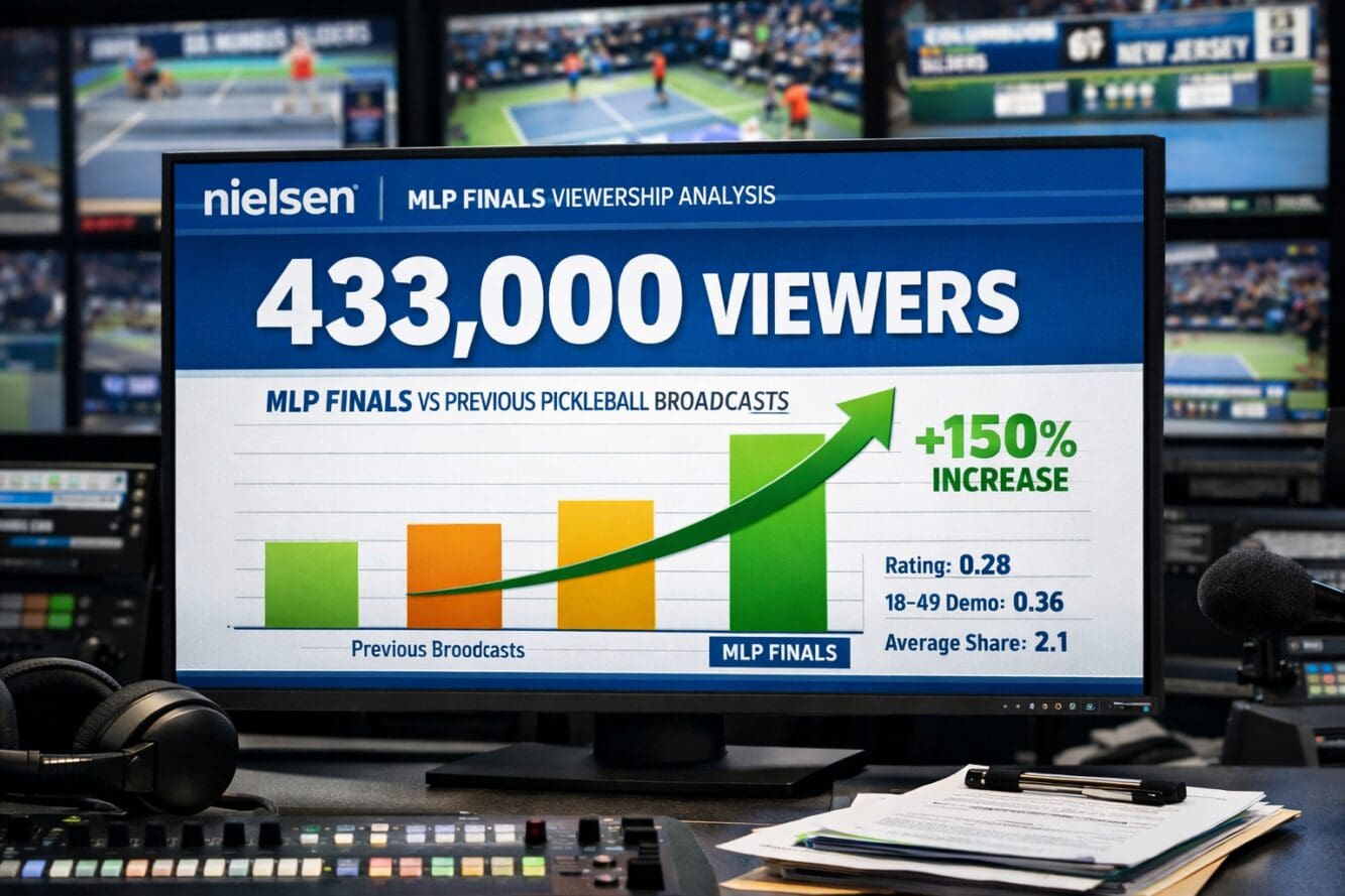 () editorial image showing detailed Nielsen ratings dashboard display on large modern monitor screen with prominent '433,000