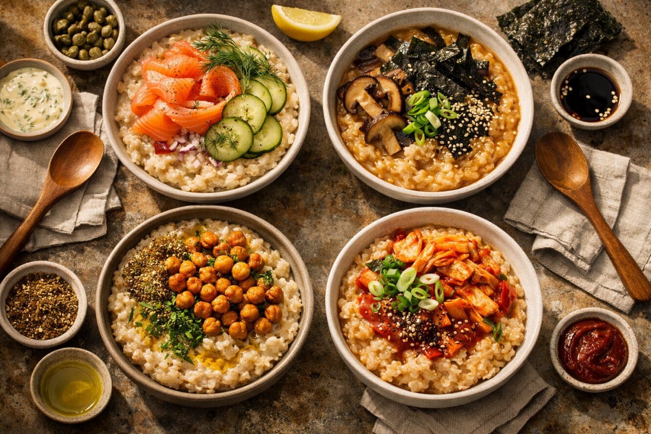 () editorial food photography showing a dramatic overhead bird's-eye view of four savory oatmeal bowls arranged in a 2x2
