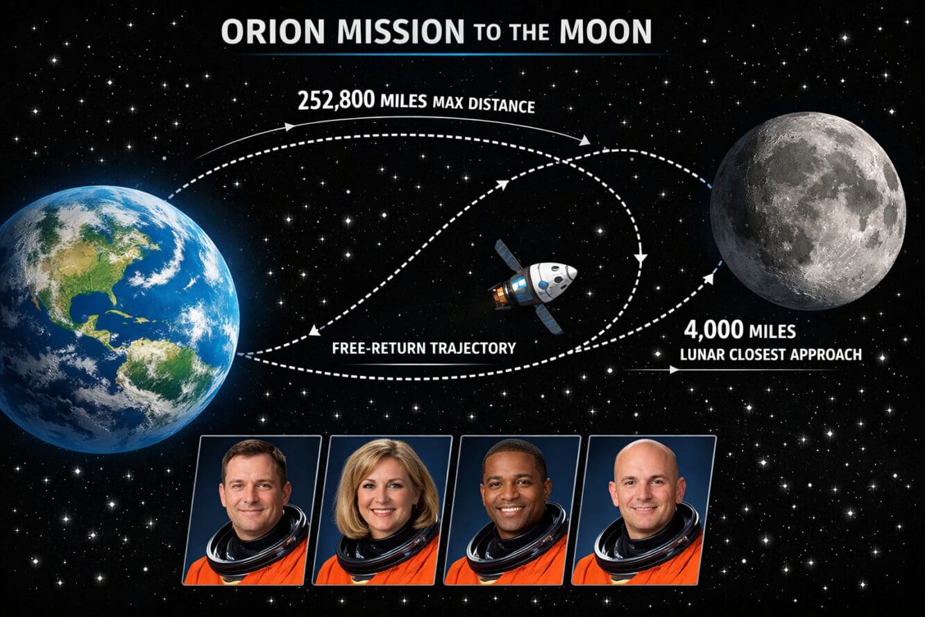 Detailed () illustration showing the Orion spacecraft trajectory from Earth to the Moon in a sweeping arc against the black