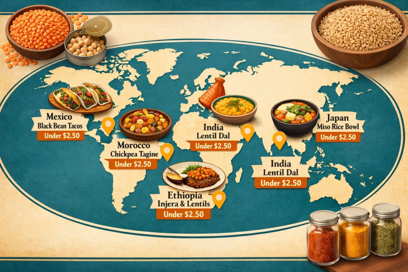 Detailed () editorial infographic-style image showing a world map with illustrated food icons pinned to key countries —