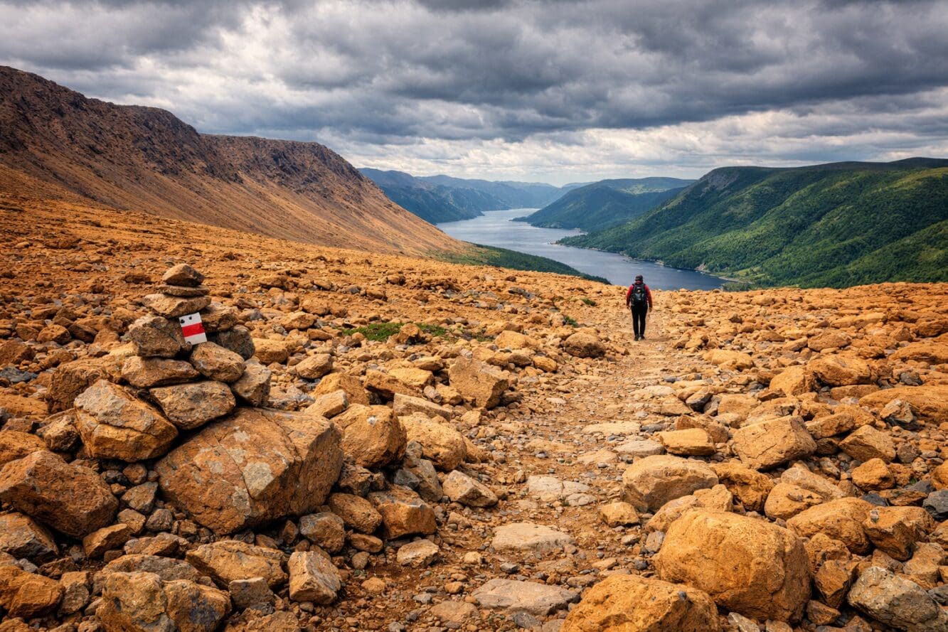 Detailed () showing a close-up geological scene of the Tablelands in Gros Morne National Park: barren rust-orange and ochre