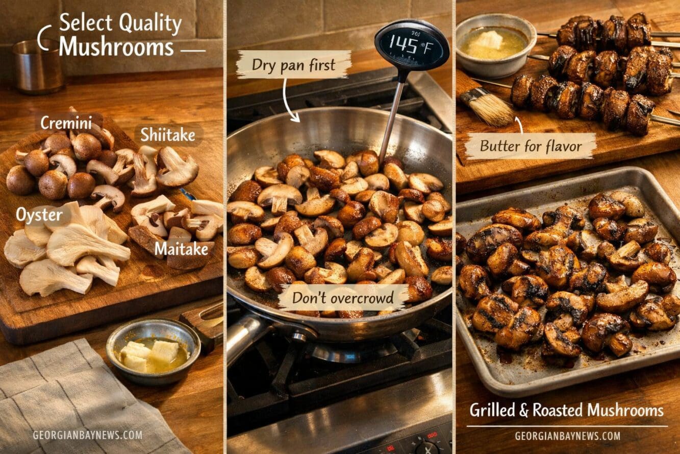 Professional () editorial instructional image focused on Cooking mushrooms properly, shown as a step-by-step kitchen scene
