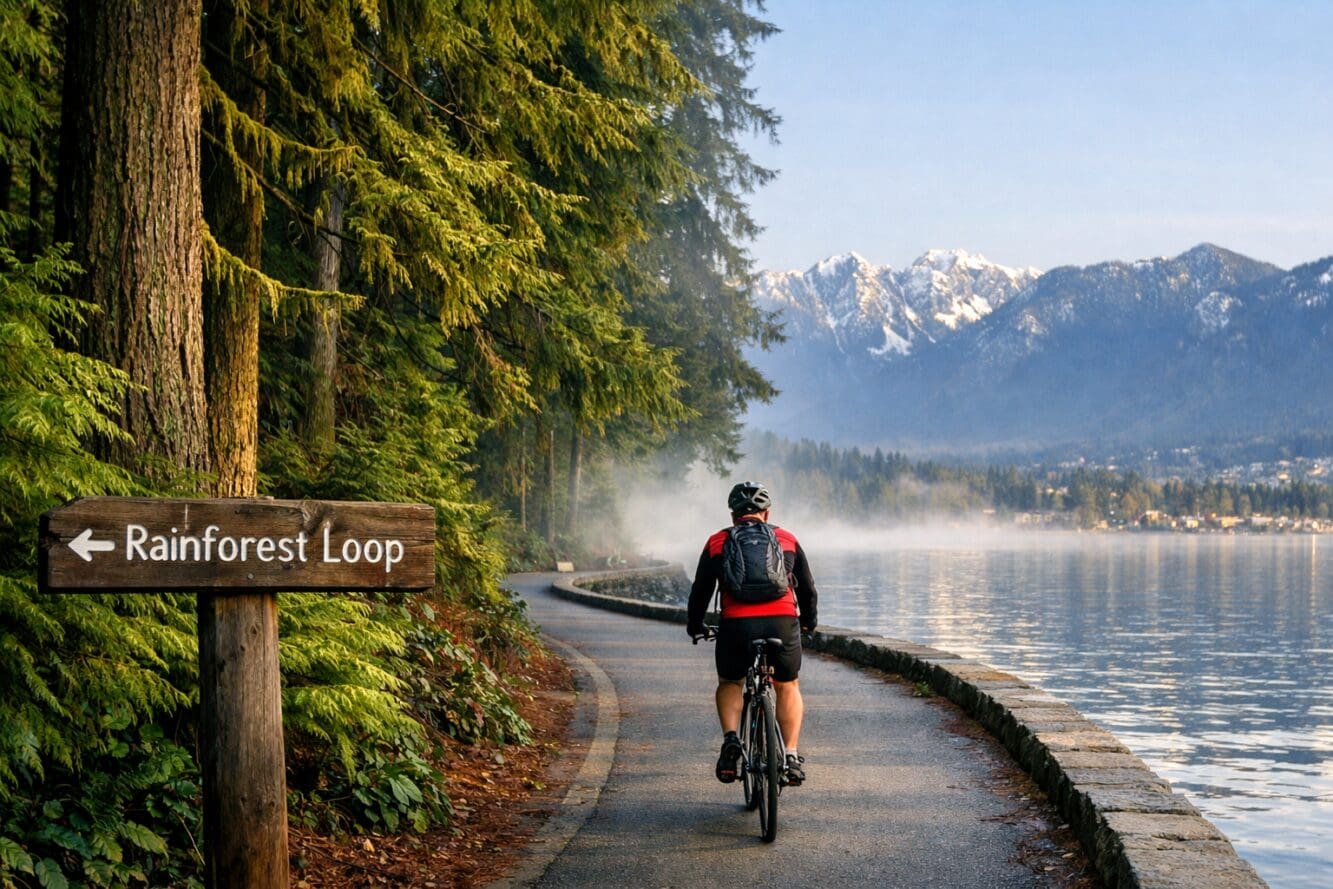 Detailed () showing a cyclist on the Stanley Park seawall at eye level, lush moss-covered western red cedar trees towering
