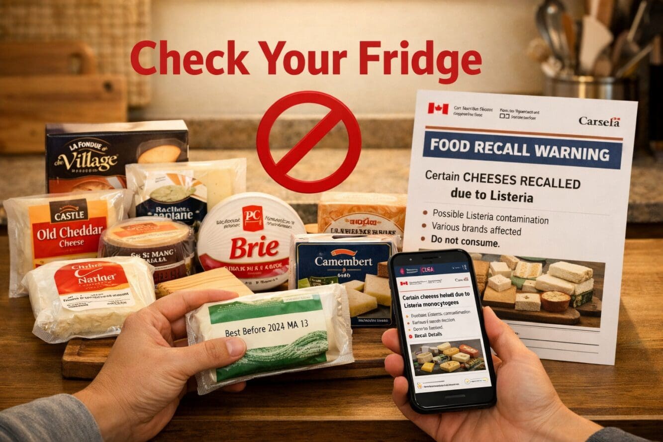 Detailed () infographic-style image showing a kitchen countertop with recalled cheese products laid out alongside a printed
