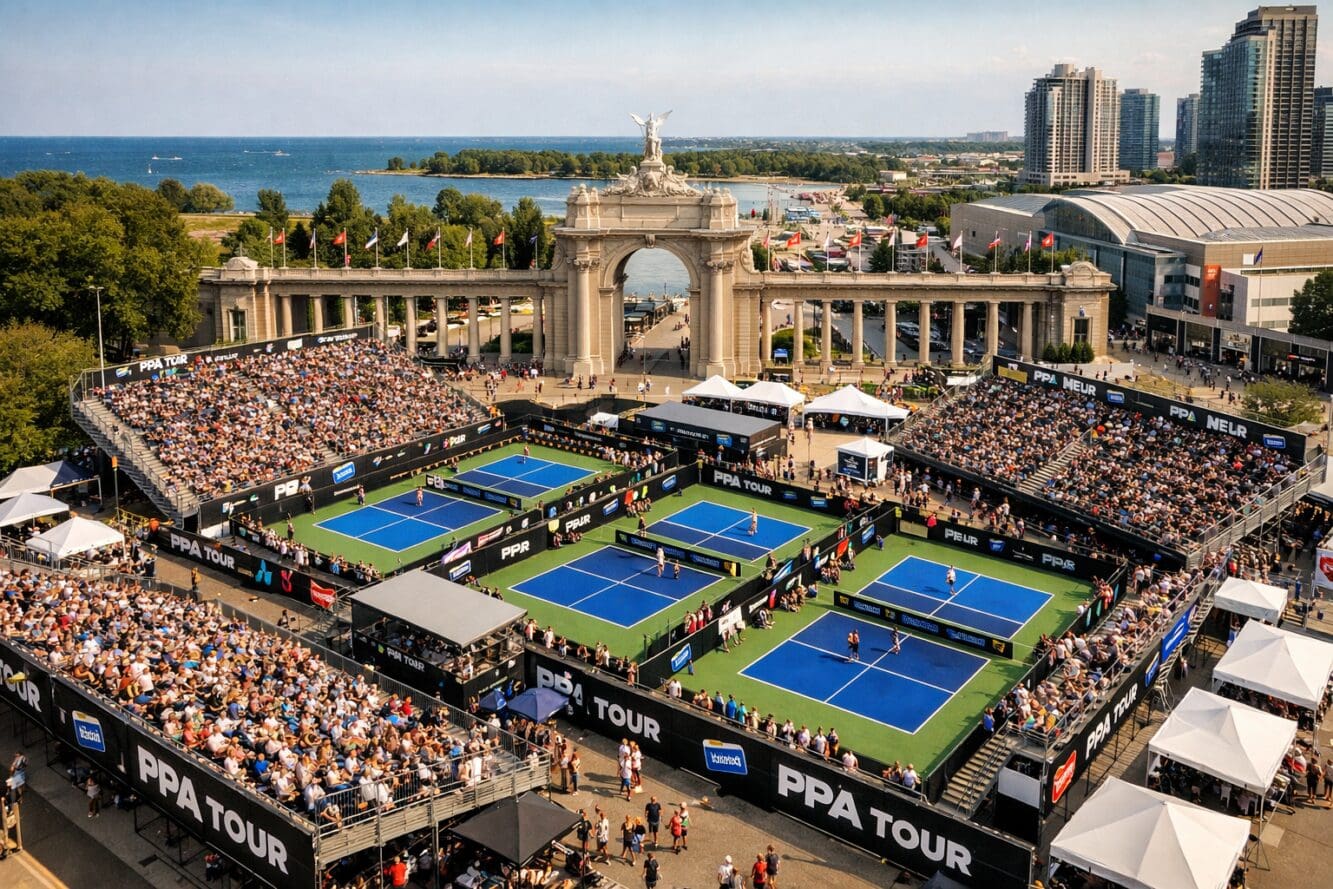 Detailed () editorial sports photography showing a close-up aerial view of the historic CNE Grounds in Toronto transformed