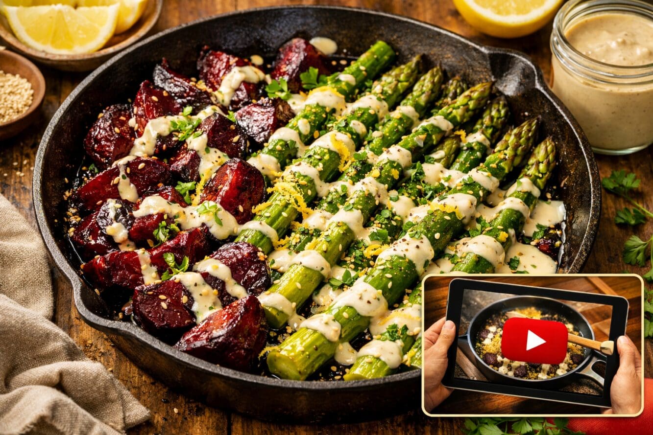 () editorial food photography showing a rustic wooden table with a one-pan arrangement of caramelized roasted beets in deep