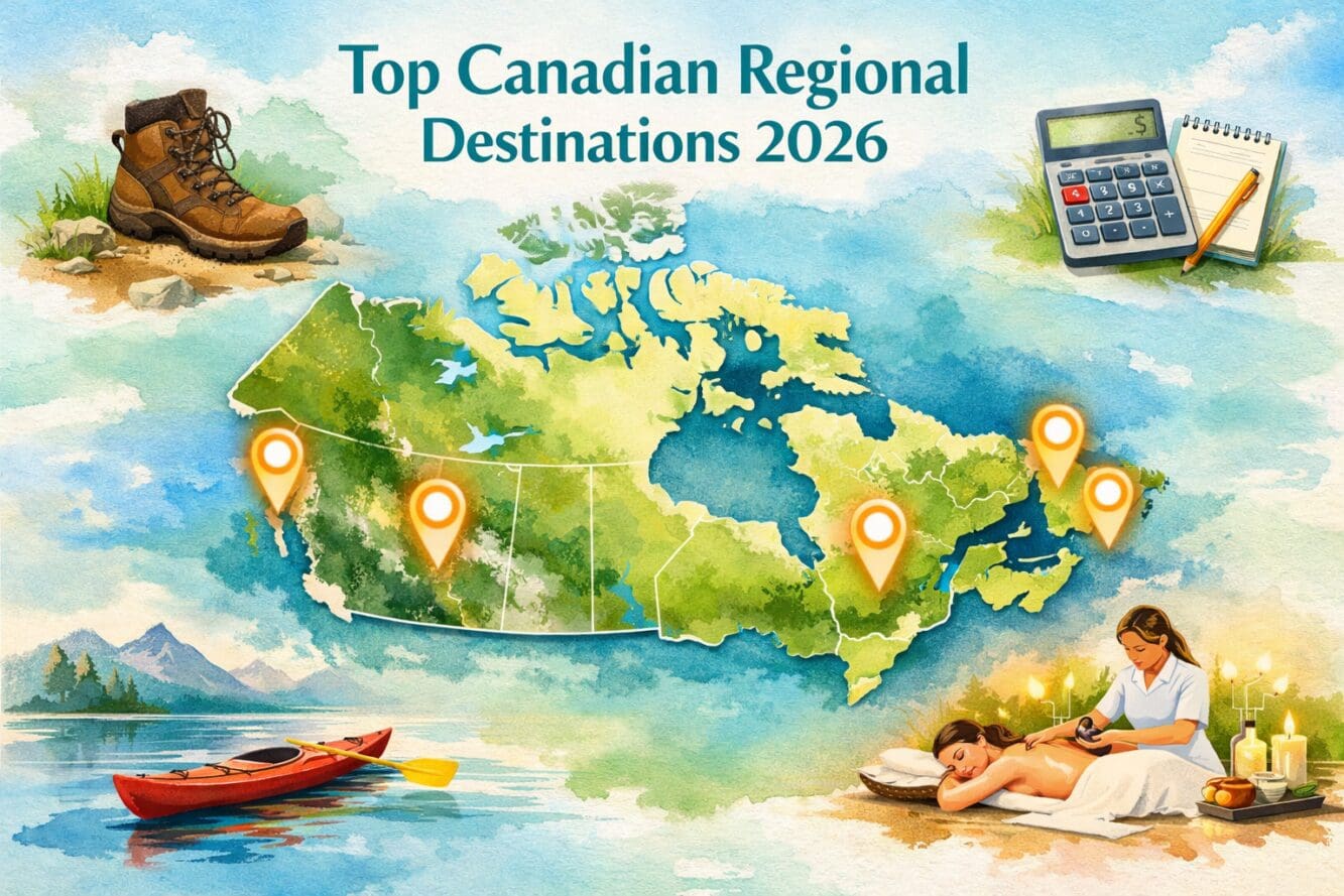 () editorial infographic-style image showing a stylized map of Canada with glowing destination pins on Newfoundland, British