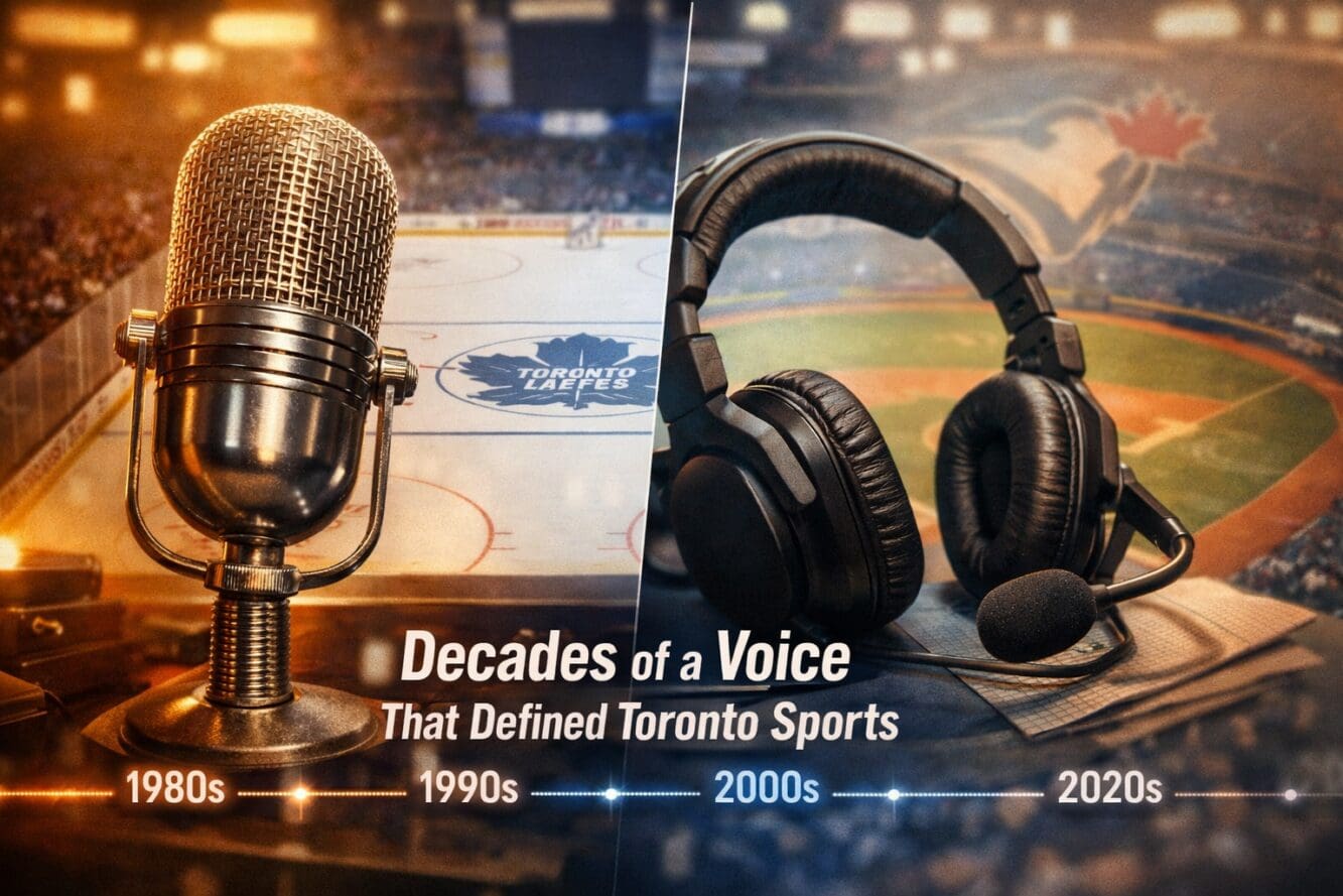 Detailed () editorial collage image representing Joe Bowen's broadcasting legacy: split composition showing a vintage 1980s