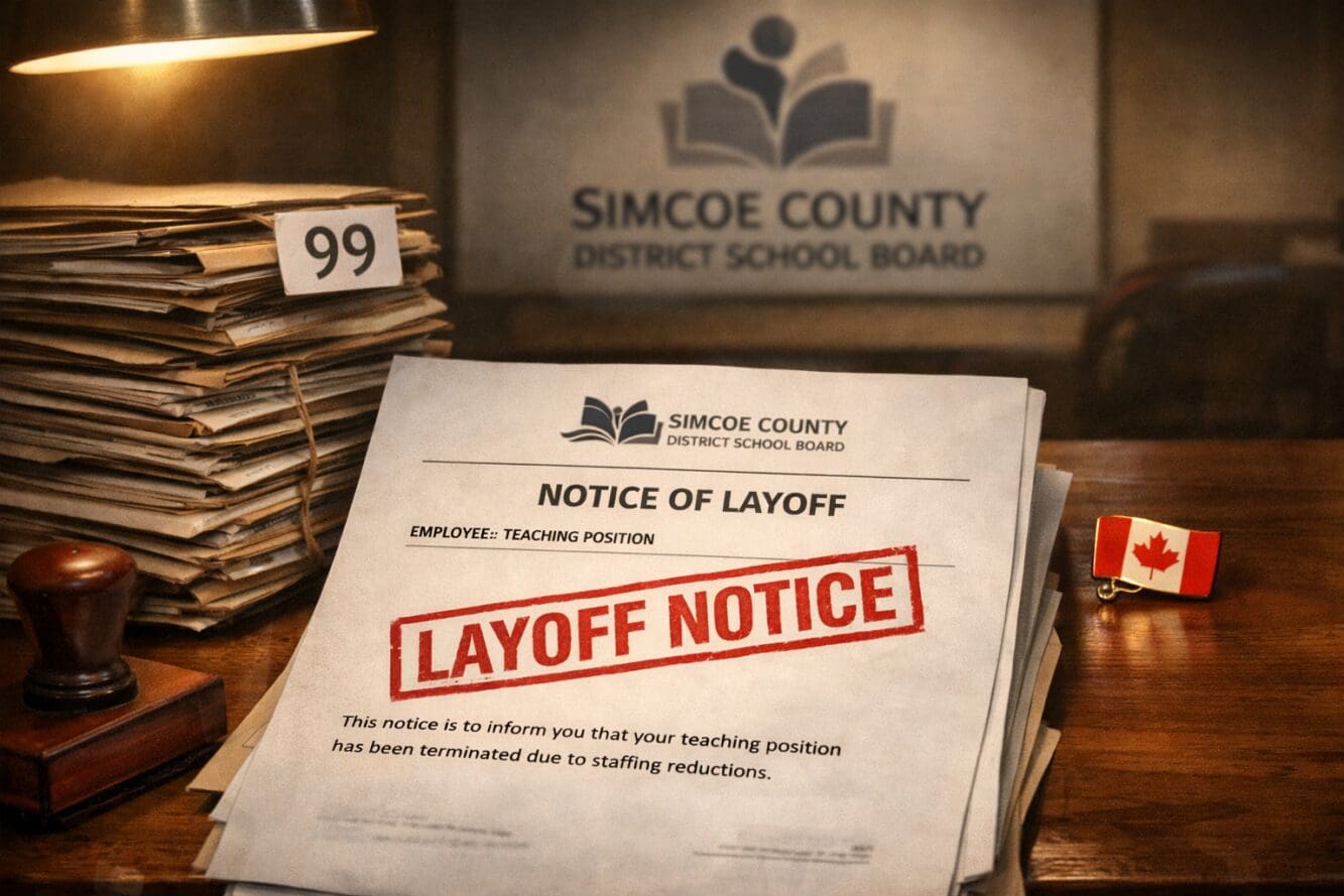() editorial illustration showing a close-up of an official layoff notice document on a school administrator's desk, stamped