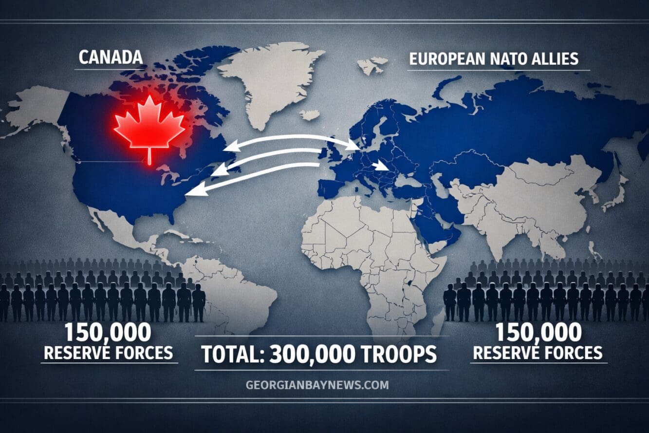 Dramatic () editorial illustration showing a large world map with NATO member nations highlighted in deep blue, Canada