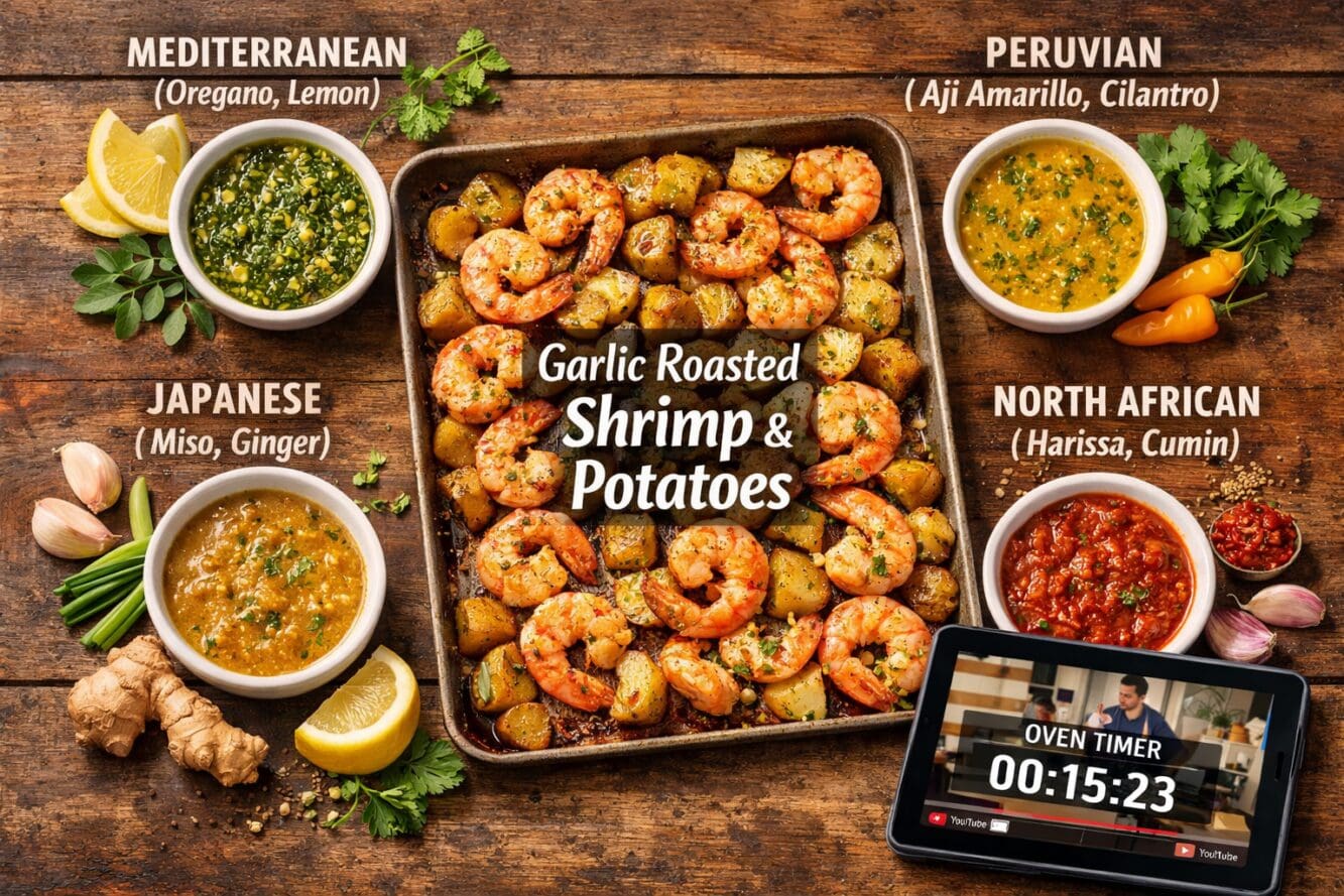 () editorial infographic-style image showing a flat-lay comparison of four international herb marinades in small ceramic
