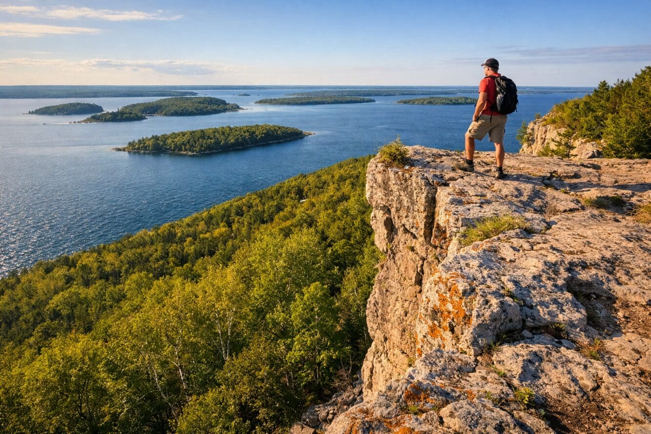 () editorial photograph showing a hiker standing at the edge of a dramatic cliff lookout on the Cup and Saucer Trail,