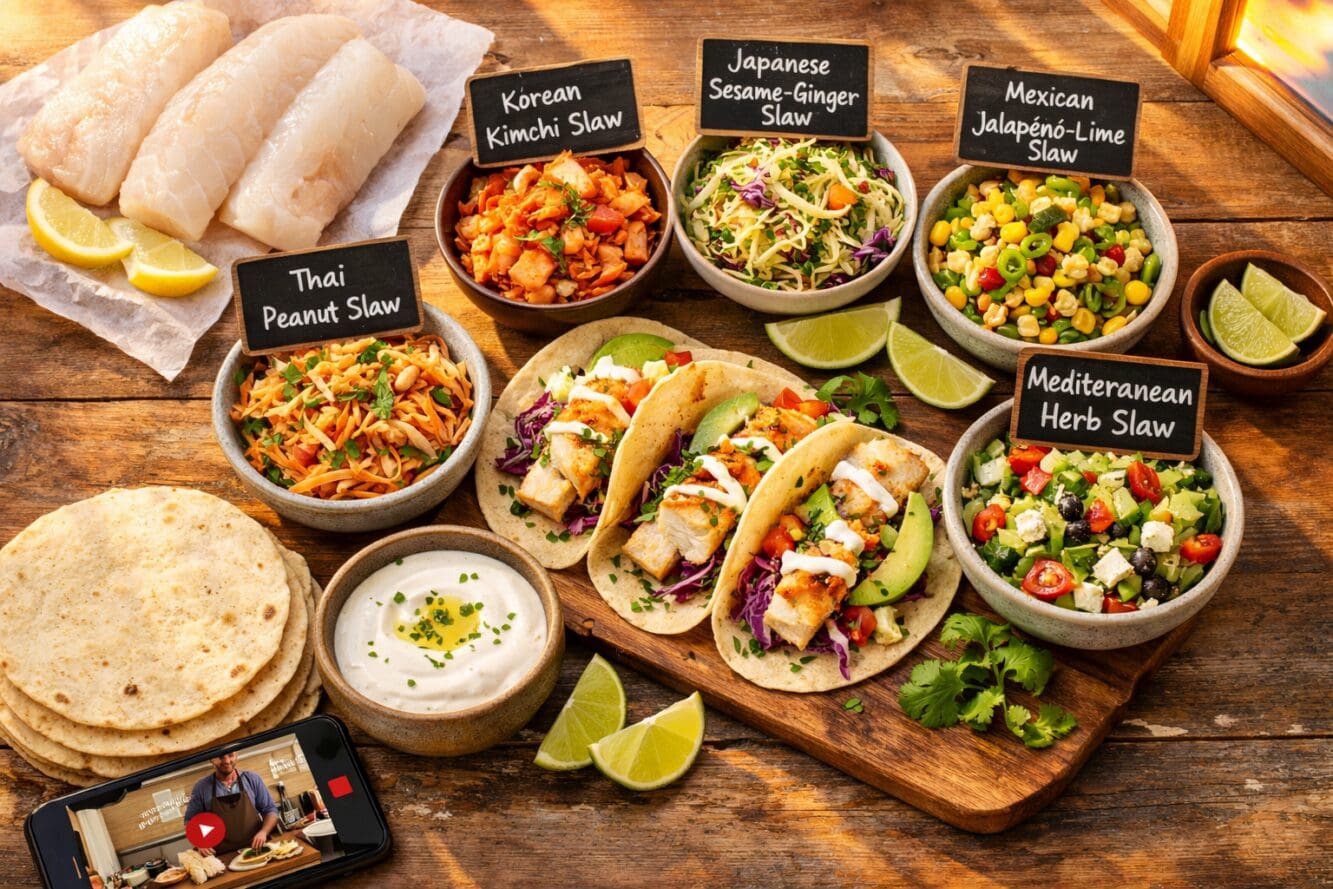 Overhead flat-lay editorial photograph () showing a spread of healthy fish tacos with five distinct global slaw variations