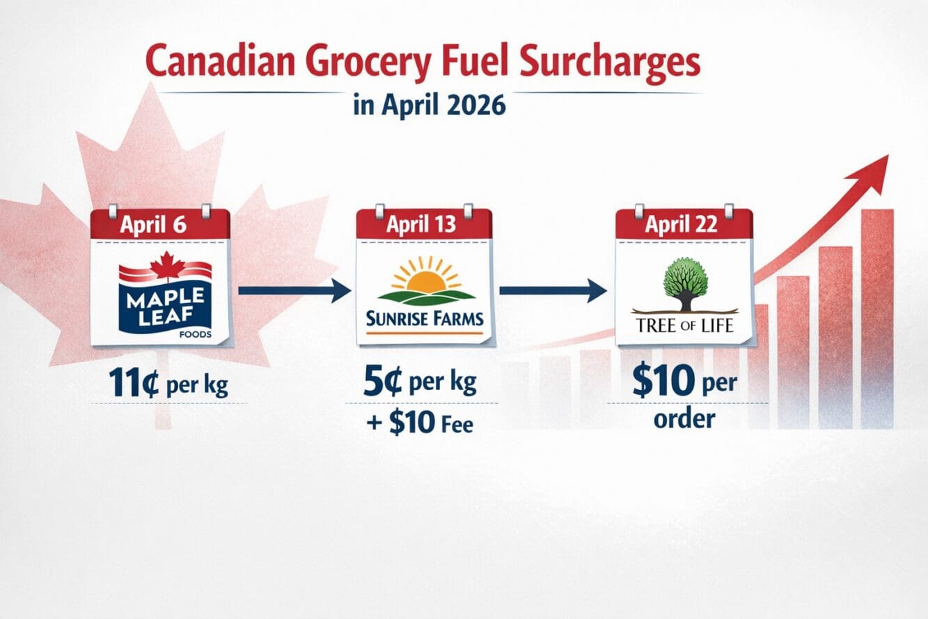 Detailed () infographic-style image showing a timeline flowchart of Canadian grocery fuel surcharges in April 2026. Visual