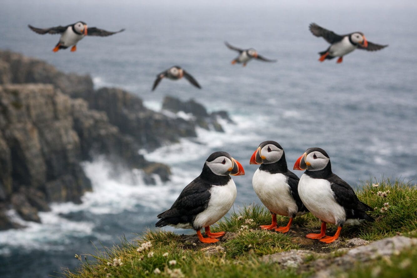 () wildlife photography of Atlantic puffins standing on a grassy cliff edge on Fogo Island Newfoundland, with several