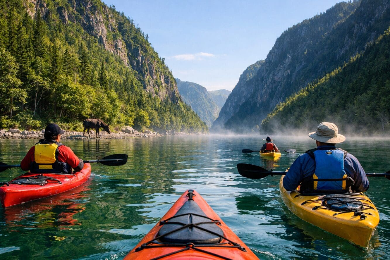 Detailed () depicting a small group of kayakers paddling through Bonne Bay fjord in Gros Morne National Park,