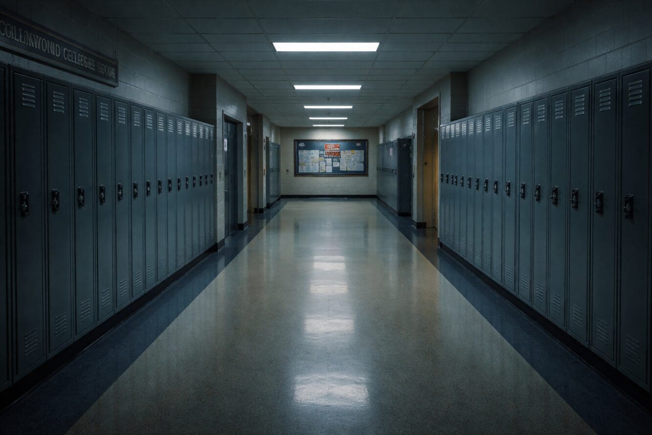 () wide-angle interior shot of Collingwood Collegiate Institute hallway, empty lockers lining both sides, fluorescent