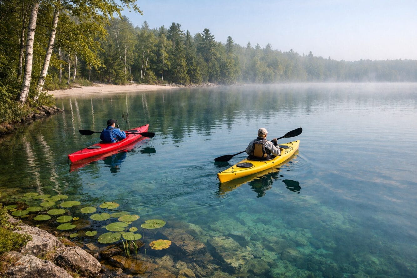 () editorial photograph of two kayakers paddling on a calm inland lake on Manitoulin Island with crystal-clear freshwater