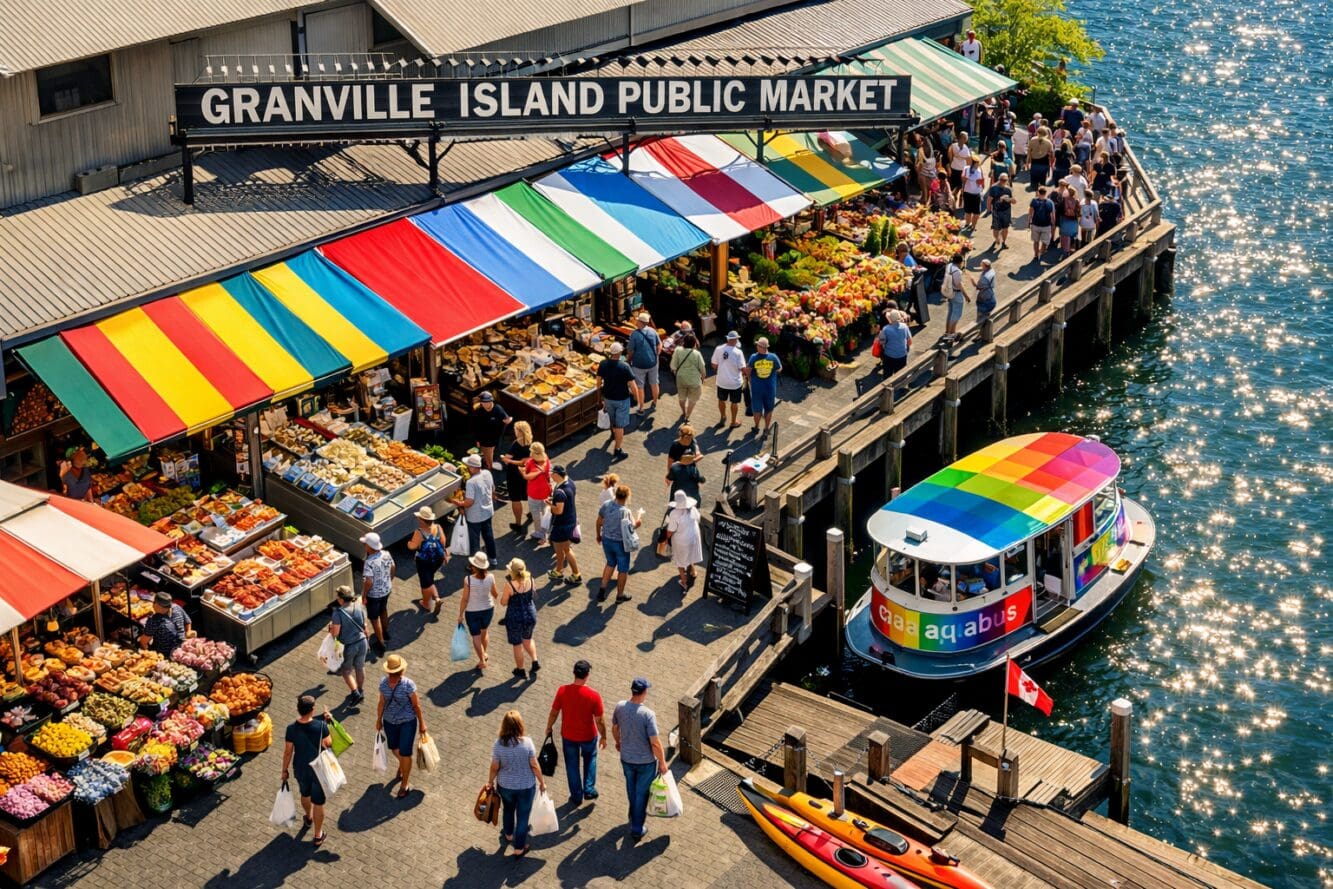 Detailed () overhead birds-eye view of Granville Island Public Market entrance with colorful awnings, bustling crowds