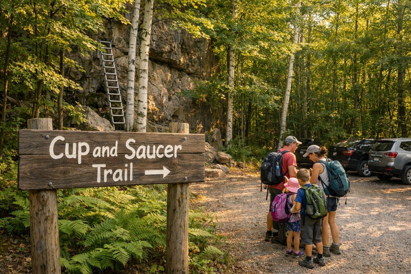 () editorial photograph showing a rustic wooden trail marker sign reading 'Cup and Saucer Trail' at a forest trailhead on