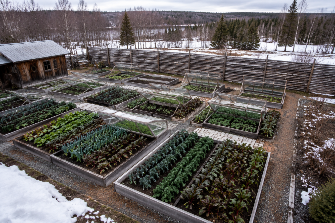 Aerial bird's-eye view () of a modular Baltic-inspired homestead vegetable garden layout in Canada, showing geometric raised
