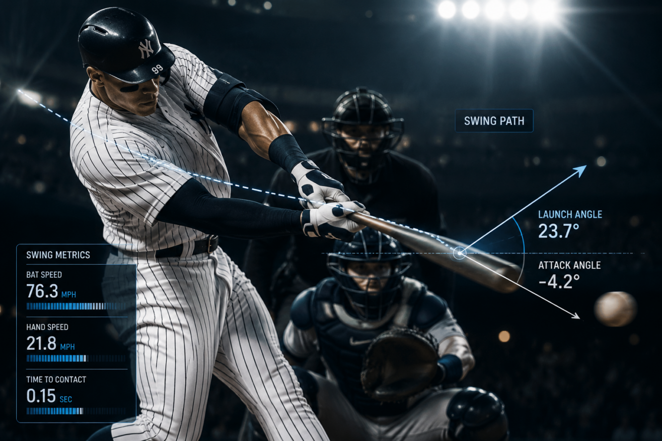 Close-up dramatic side-angle photograph of a professional baseball player mid-swing at home plate, slow-motion style blur on