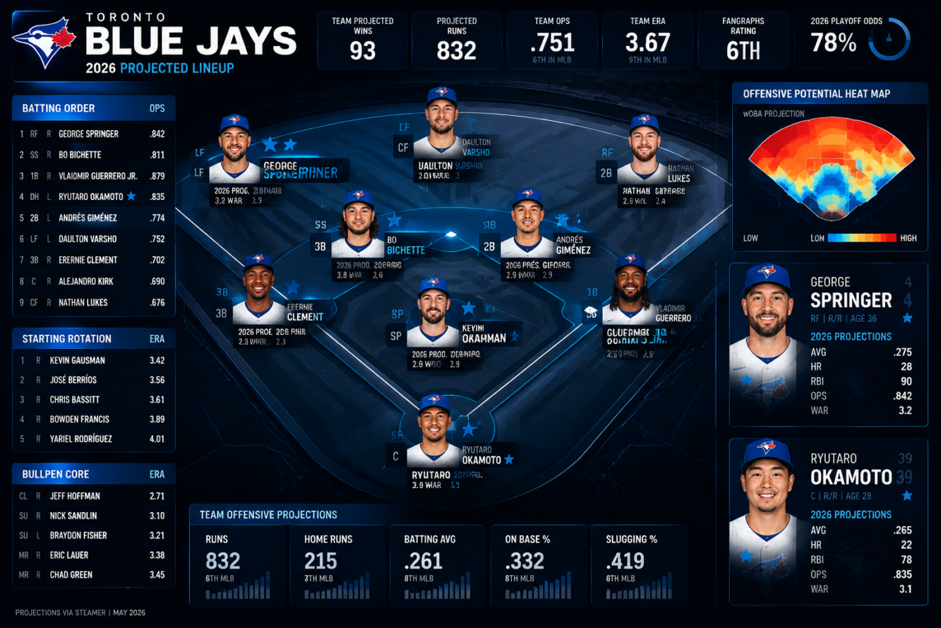 Comprehensive lineup visualization showing 2026 Blue Jays roster positioning, digital baseball field blueprint with player