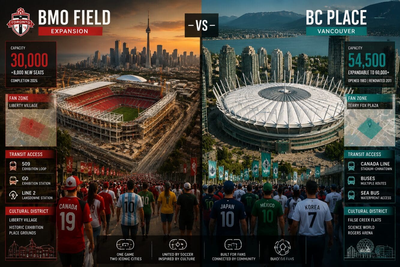 Detailed () editorial comparison infographic showing side-by-side aerial views of Toronto's BMO Field expansion construction