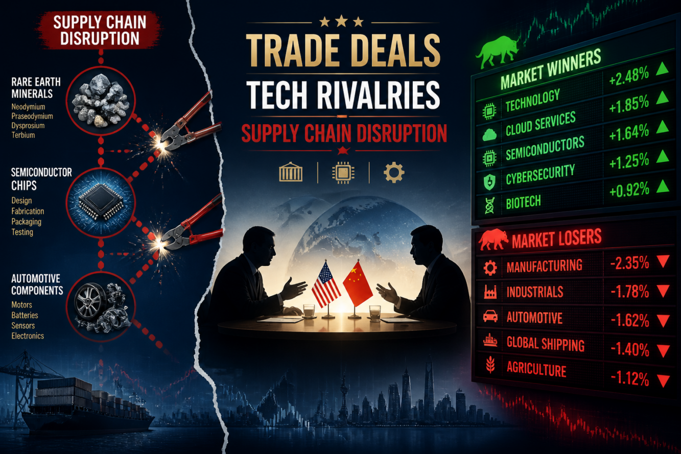 Detailed () editorial illustration showing a split composition: on the left, a supply chain diagram with rare earth
