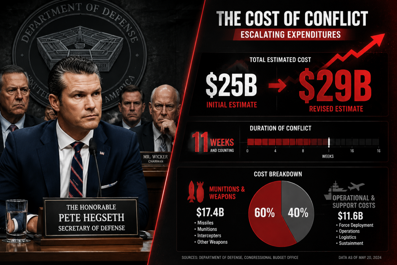 Detailed () editorial infographic illustration showing a split-scene composition: on the left, Defense Secretary Pete