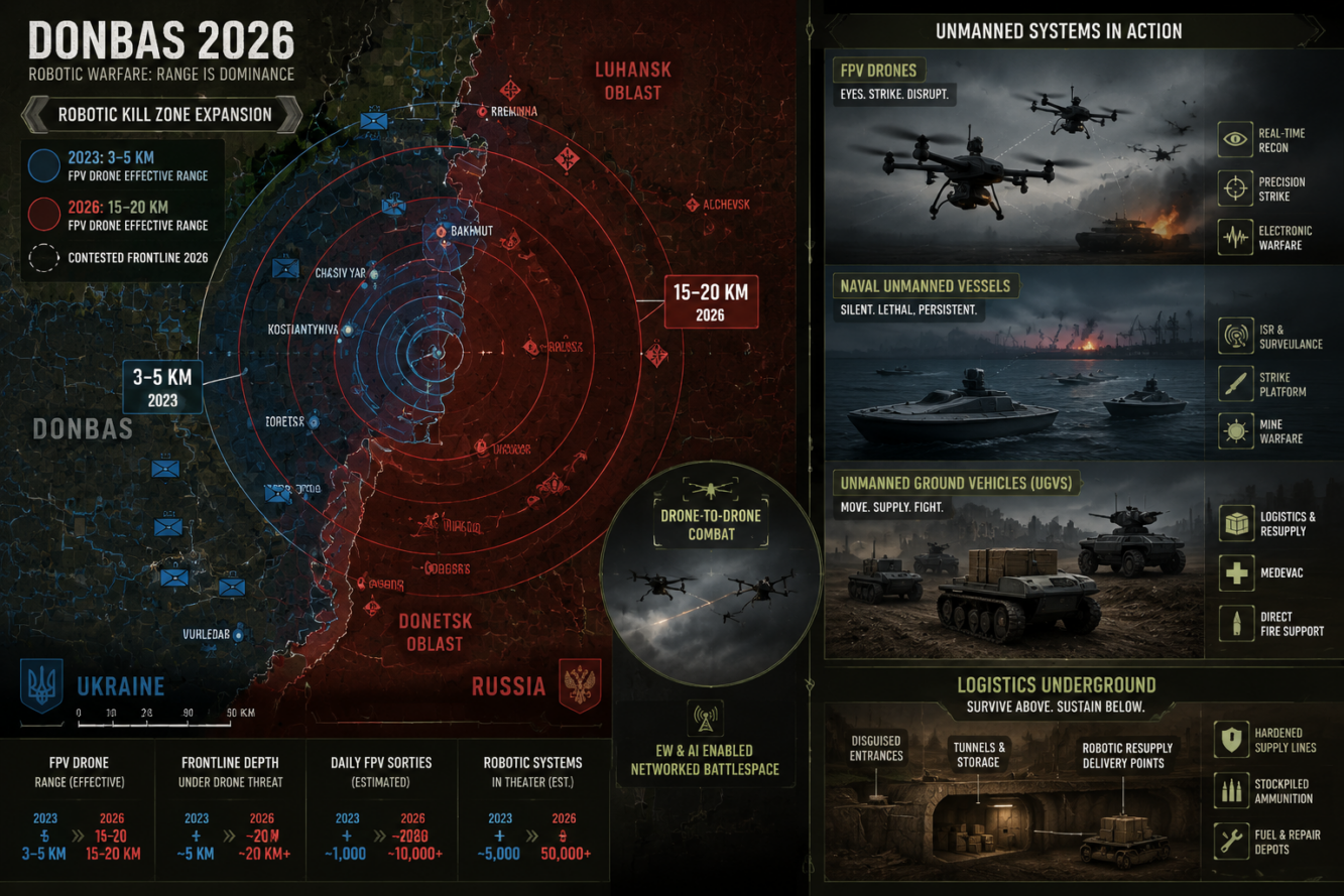 Detailed () editorial infographic illustration showing a split-screen battlefield map: left side depicts expanding drone
