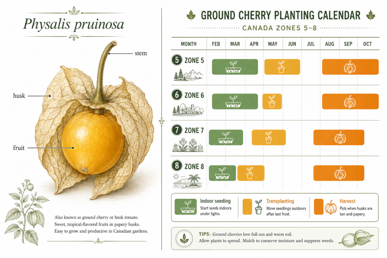 Detailed () editorial infographic showing a split-scene: left side displays a close-up cross-section of a ground cherry