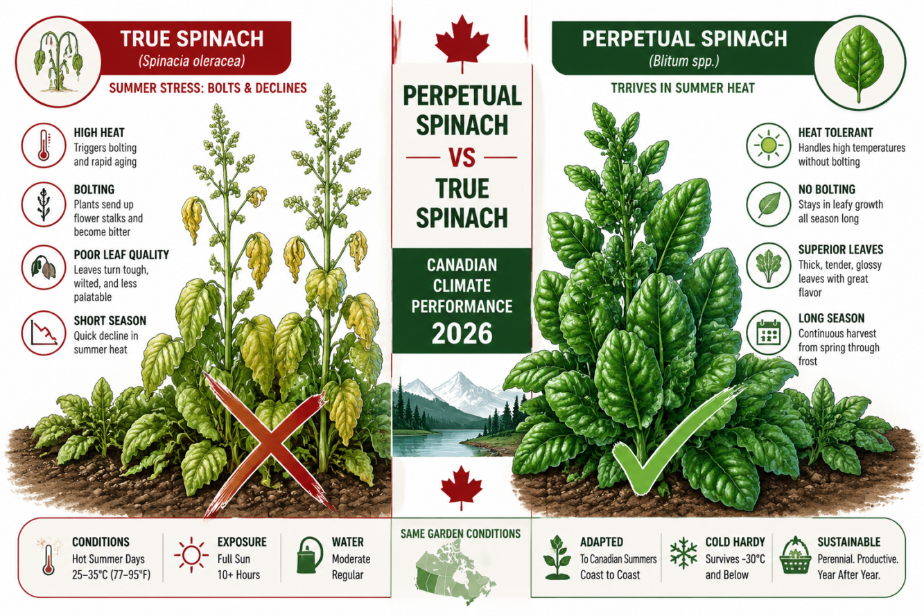 Detailed () infographic-style image showing a split-scene comparison: left side displays wilted, bolted true spinach plants