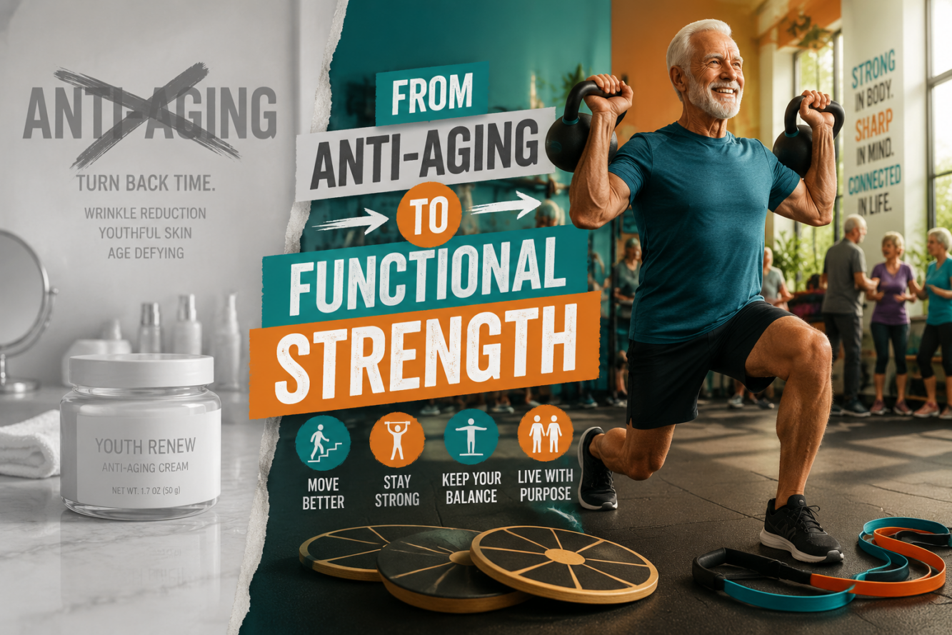 Wide () editorial illustration showing a split-scene comparison: left side shows a faded, greyed-out anti-aging cream