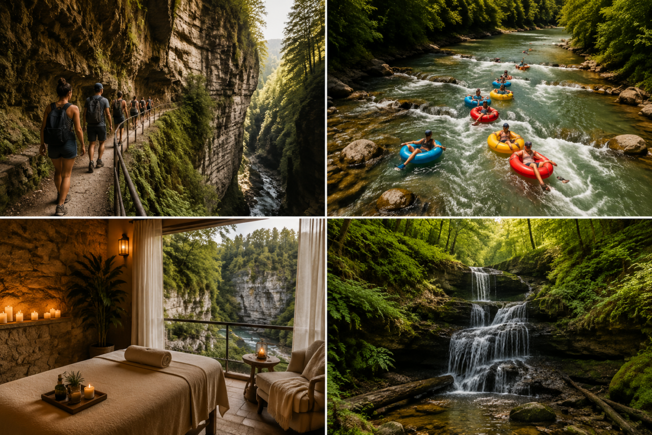 () editorial collage showing four distinct Elora Ontario adventure scenes: top-left shows hikers on narrow gorge trail with
