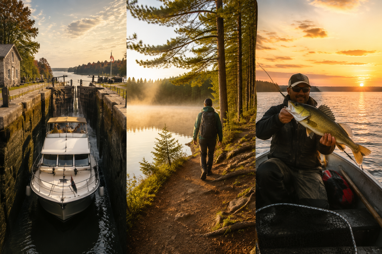 () editorial composite image showing three distinct Kawartha Lakes experiences side by side: left panel features a historic