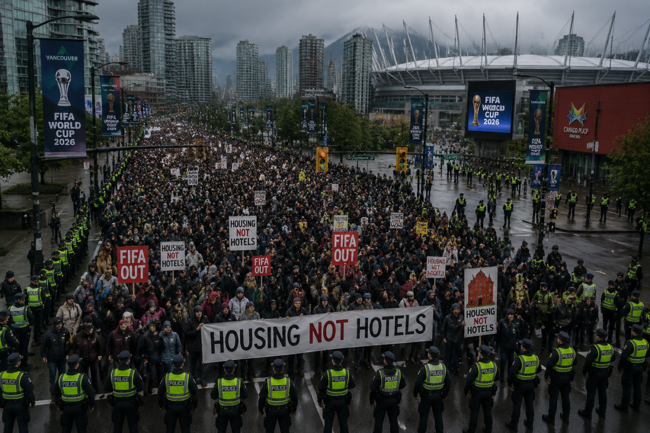 () editorial illustration showing a bird's-eye view of a large protest march in downtown Vancouver, Canada, with