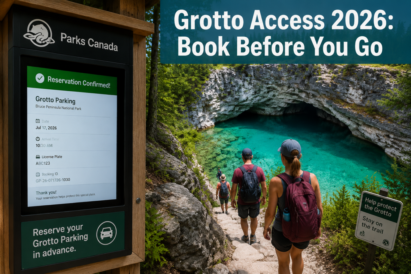 () editorial image showing a split-scene composition: left side features a Parks Canada reservation kiosk with a digital