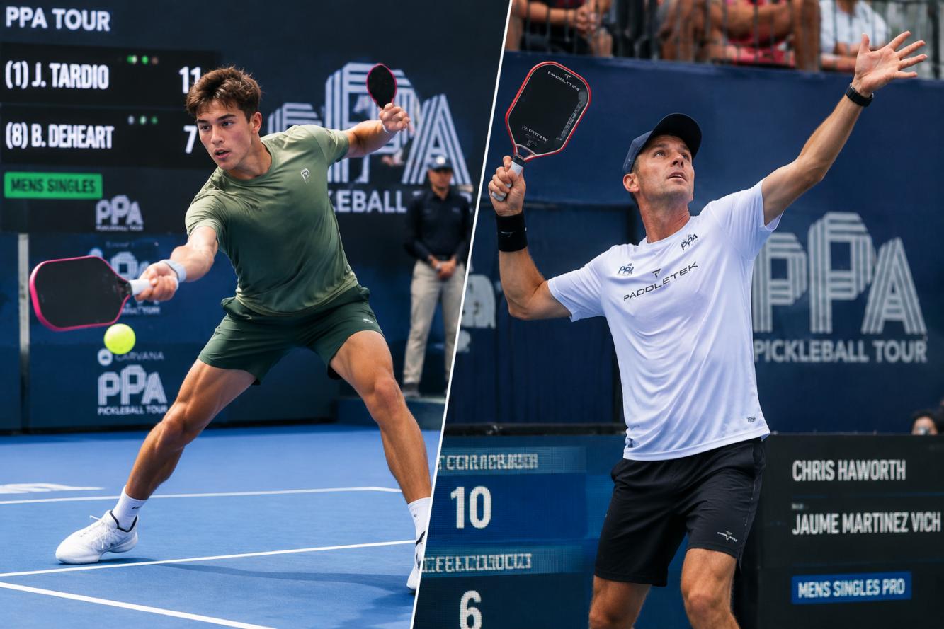() editorial image showing split-screen comparison of two male pickleball players in action poses on professional courts,