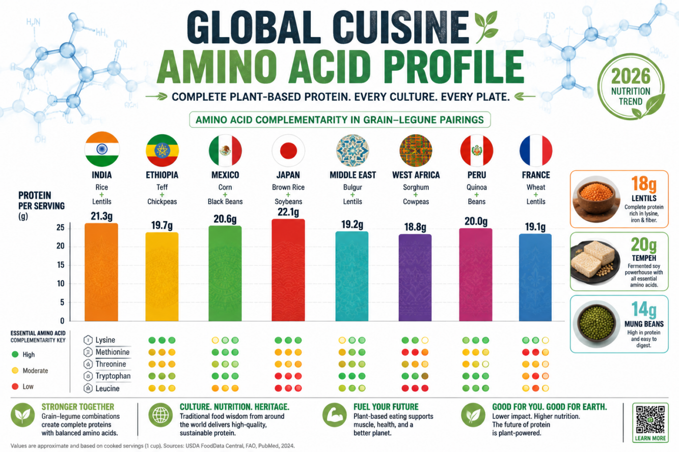 () editorial infographic-style image showing a global cuisine amino acid profile comparison chart. Eight cuisine flags or