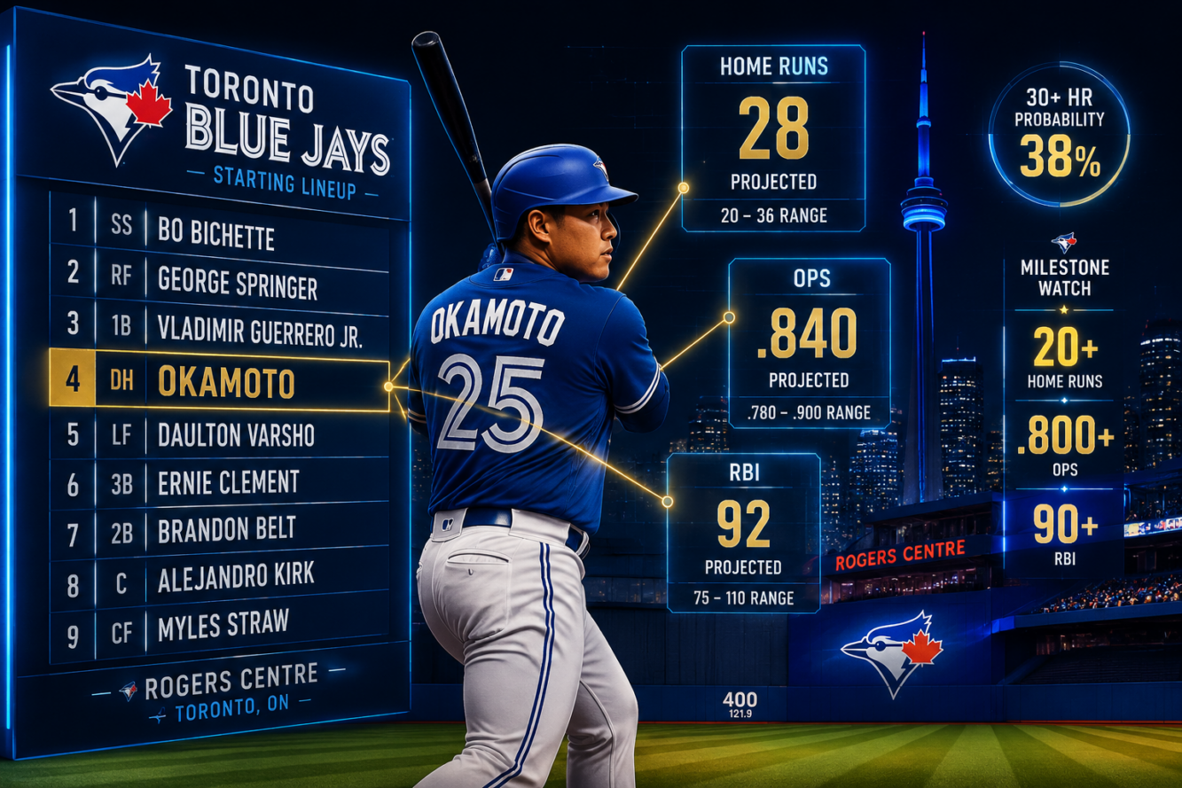 () forward-looking projection graphic showing a Blue Jays lineup card with Okamoto listed in the cleanup spot, surrounded by