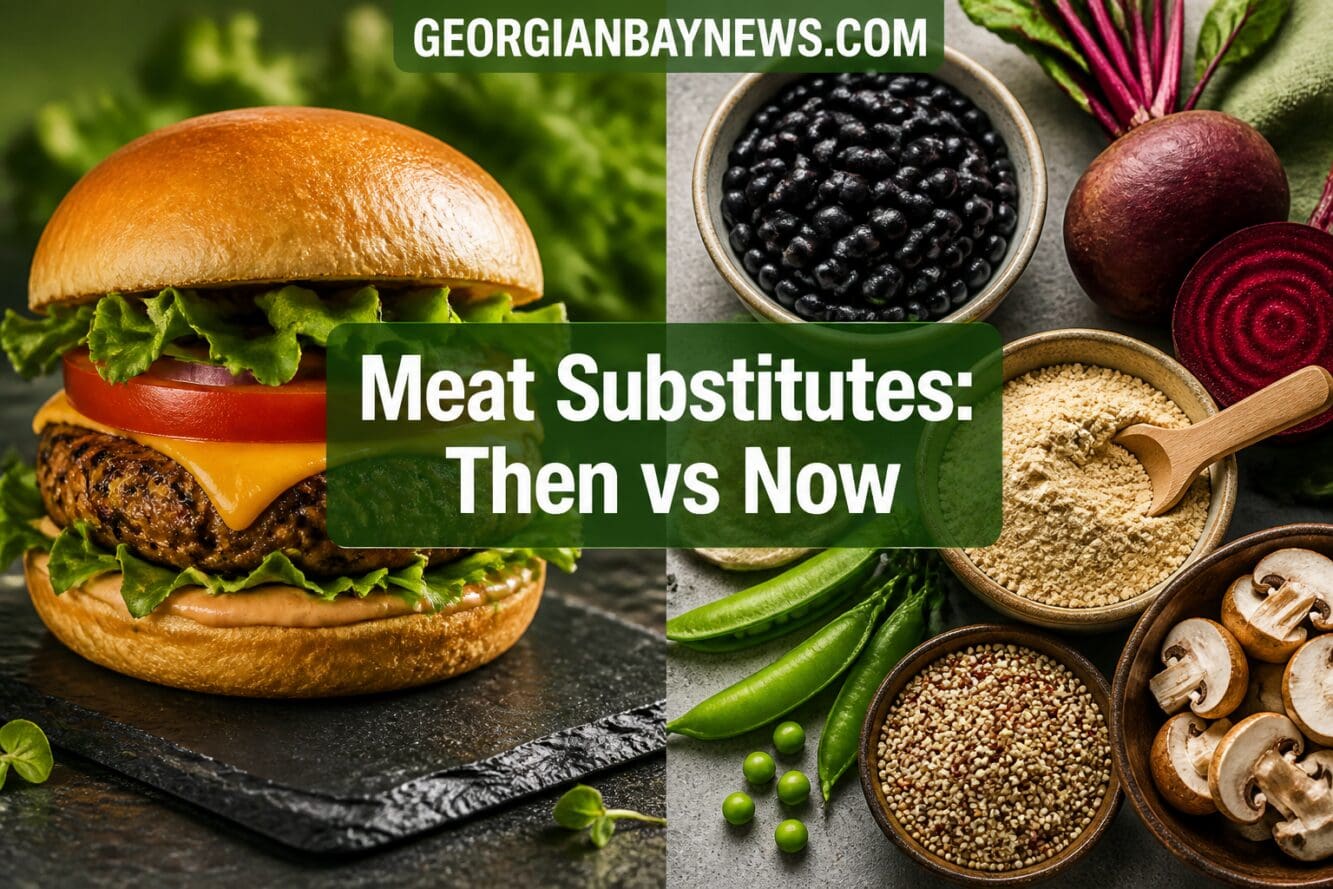 Detailed () editorial image showing a dramatic side-by-side comparison display: on the left, a juicy plant-based burger with