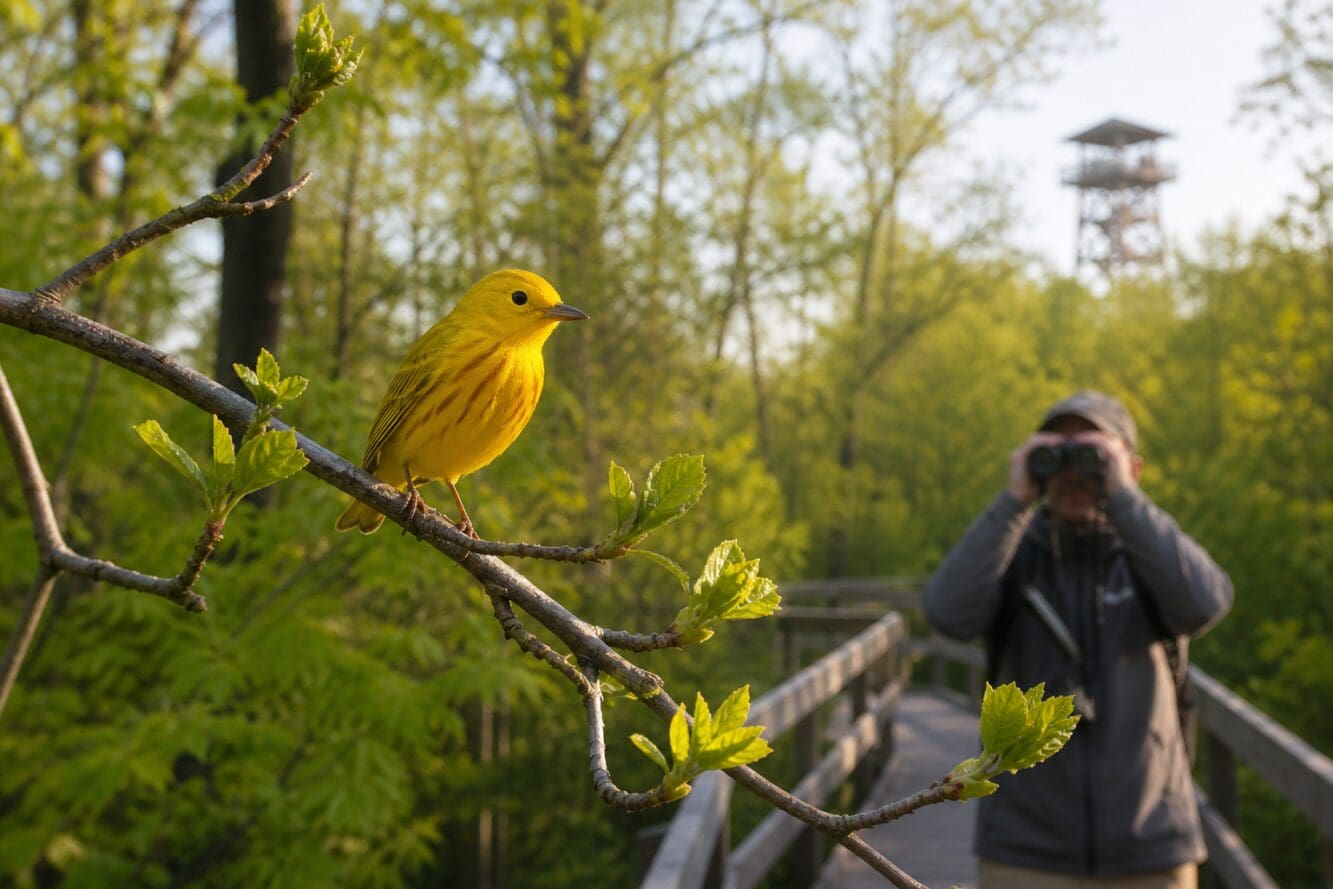 Detailed () editorial photograph showing a close-up of a vibrant Yellow Warbler perched on a budding branch at Point Pelee