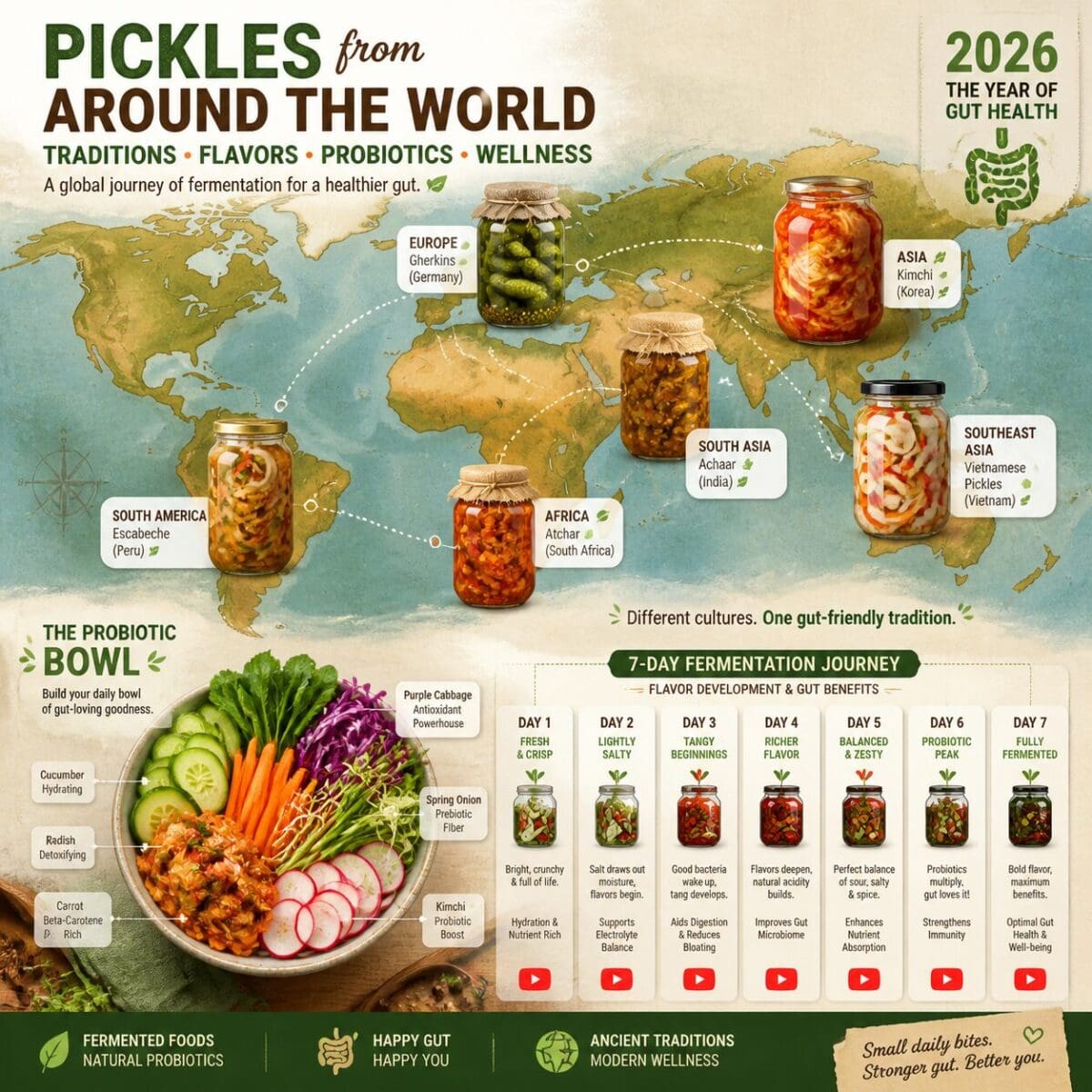 Detailed () editorial infographic-style image showing a world map with six illustrated pickling jars pinned to continents —