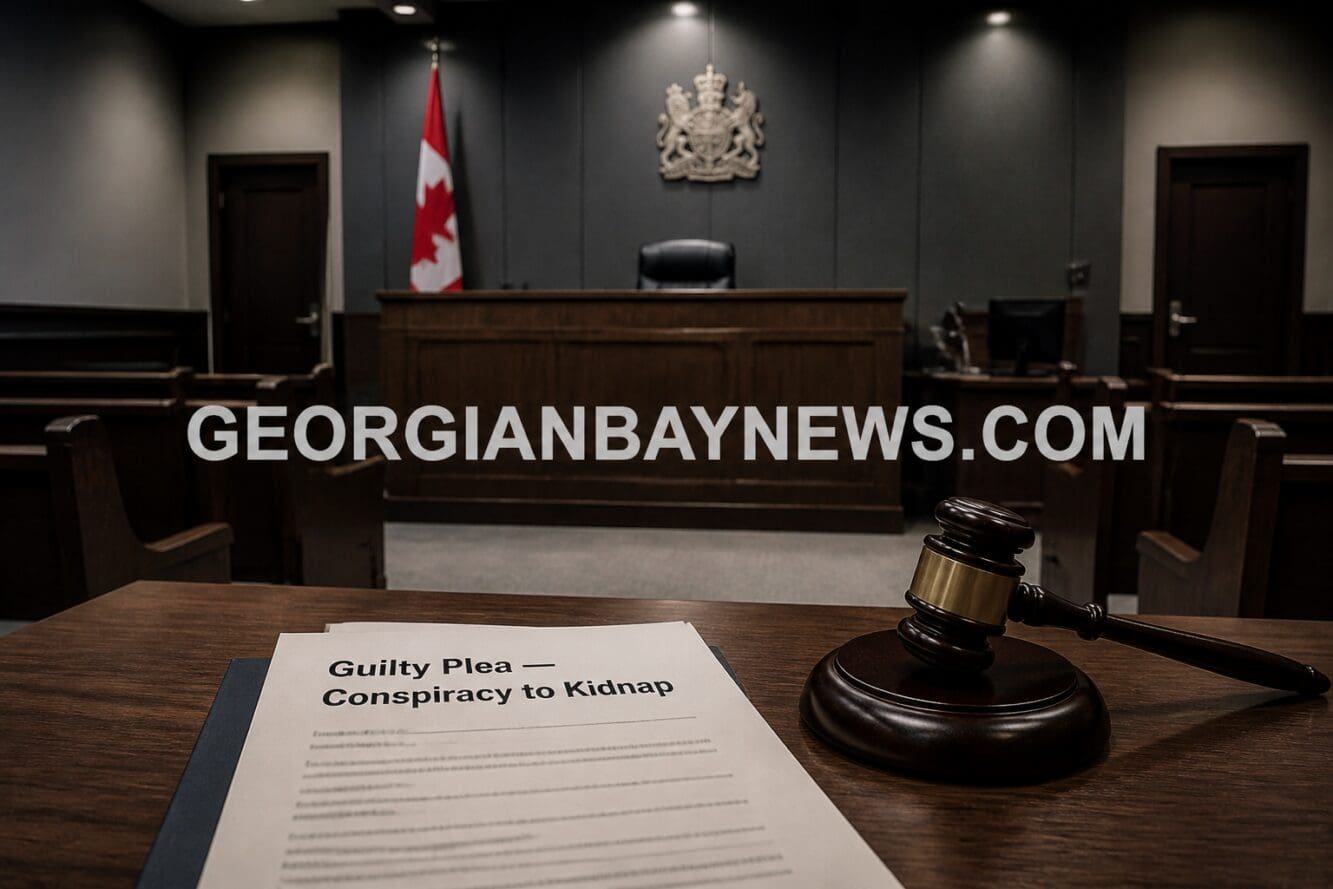 () editorial illustration showing a Canadian courtroom interior scene: empty wooden benches, a judge's bench, gavel resting