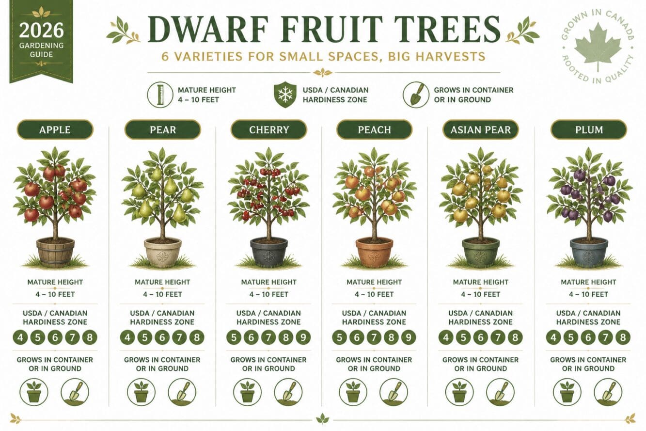 () editorial illustration showing a side-by-side comparison of six dwarf fruit tree varieties — apple, pear, cherry, peach,
